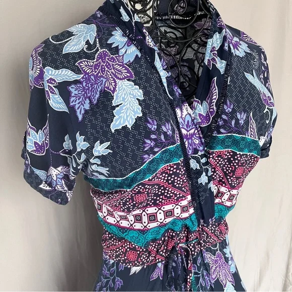 Jaase Boho Batik Style Print Tiered Maxi Dress in Navy and Lavender - Size S - Picture 3 of 12